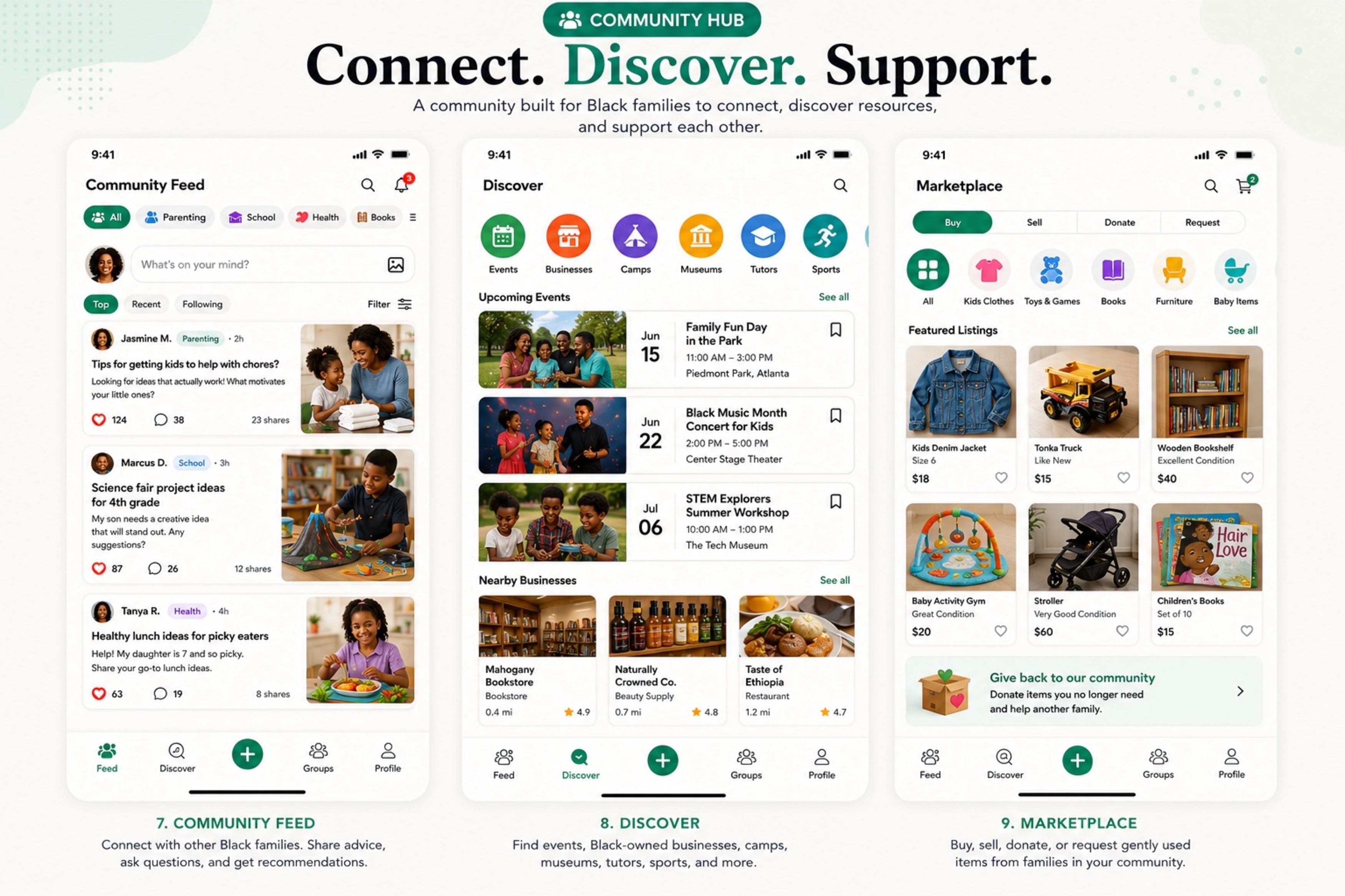 Amani Community Hub feed, discover, and marketplace screens