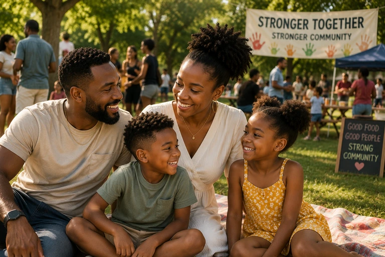 Black families gathering together at a neighborhood park event
