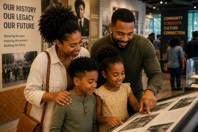 Black family exploring a history exhibit at a museum