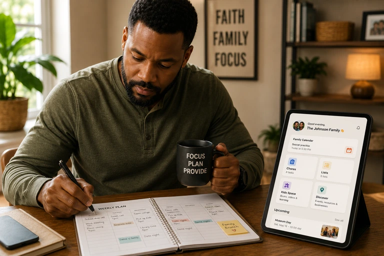 Black father planning the family's week with Amani