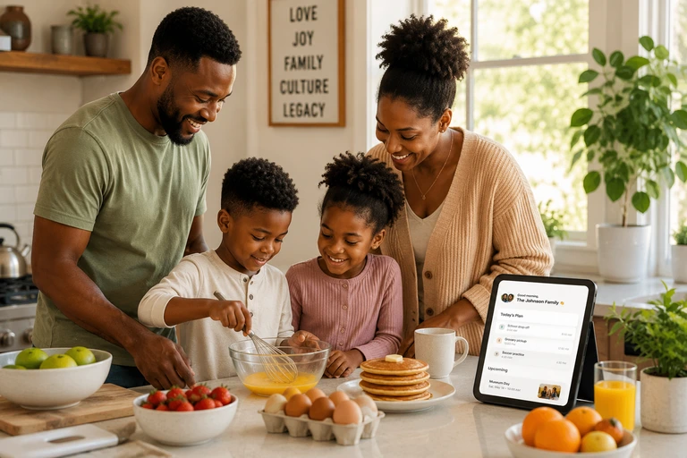 Black family preparing breakfast together in a bright kitchen