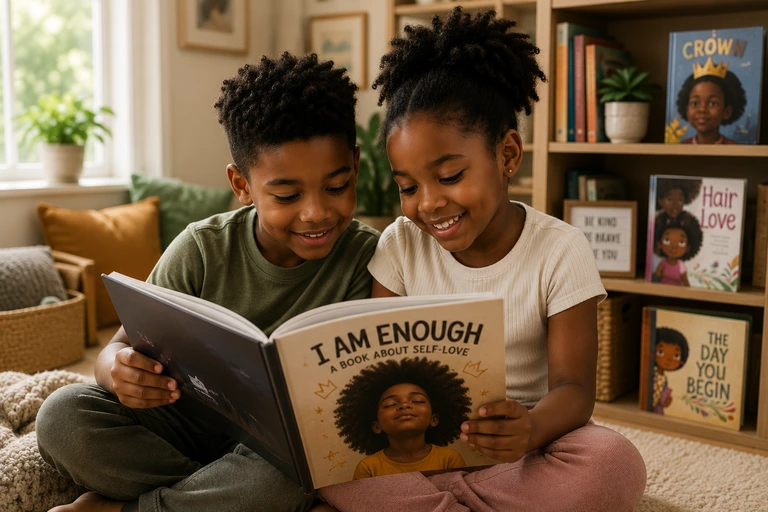 Two Black children reading a culturally relevant book together