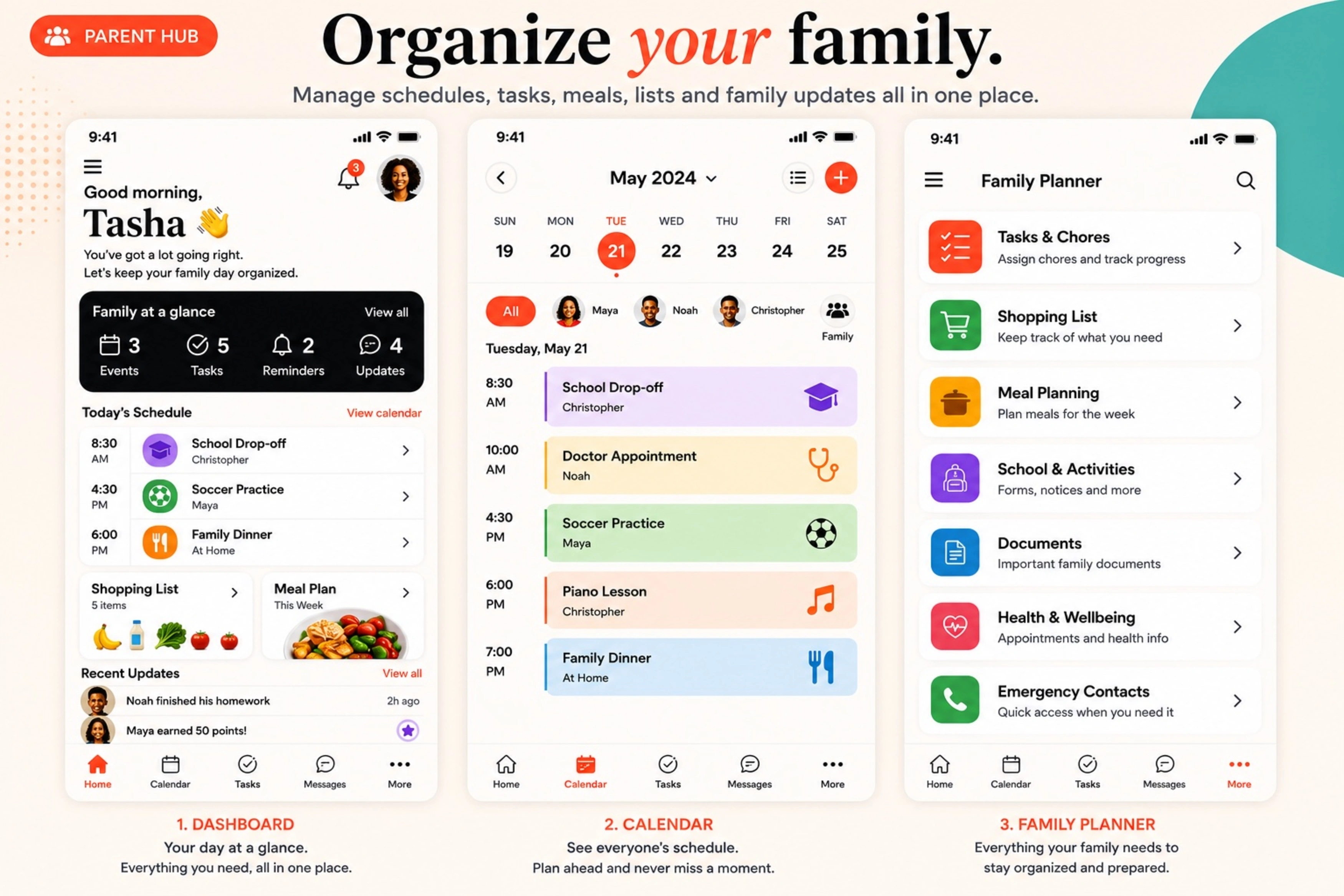 Amani Parent Hub dashboard, calendar, and family planner screens