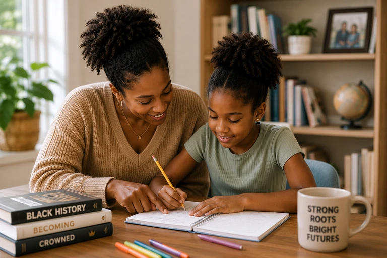 Black mother helping her daughter with homework
